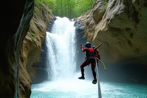 Persone scendono una cascata durante un'attività di canyoning