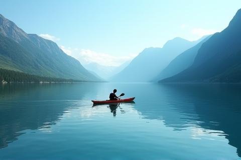 Kayaker su acqua calma con il riflesso delle montagne alpine