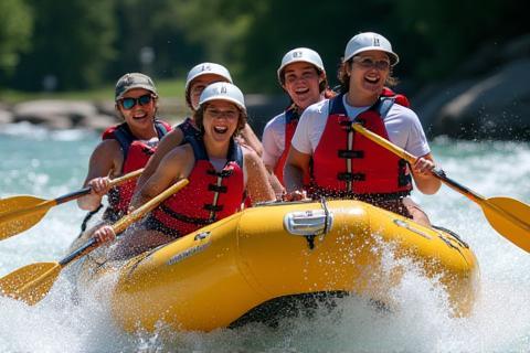 Rafter sorridenti e felici in una barca da rafting