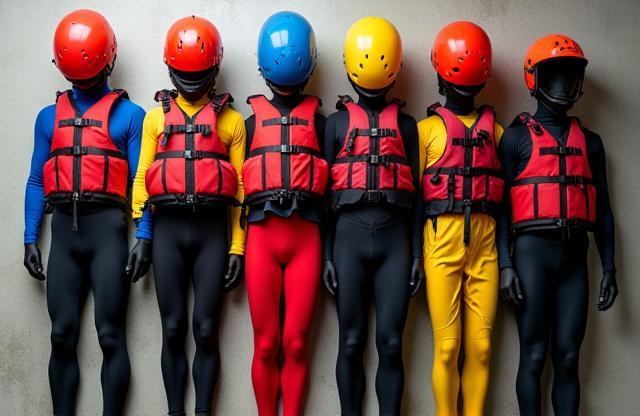 Fila di attrezzatura professionale per rafting, inclusi caschi e giubbotti salvagente