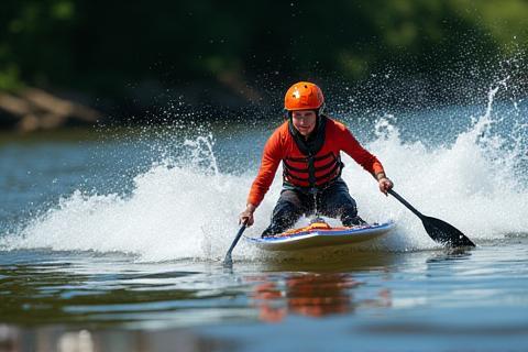 Persona su una tavola da hydrospeed in rapide