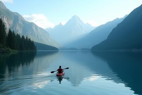 Kayaker su un tratto calmo del fiume o lago con riflessi montani
