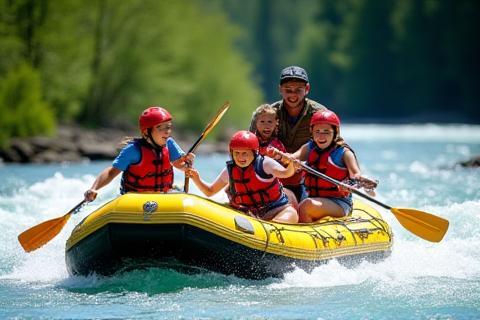 Gruppo di rafting che pagaia in rapide moderate