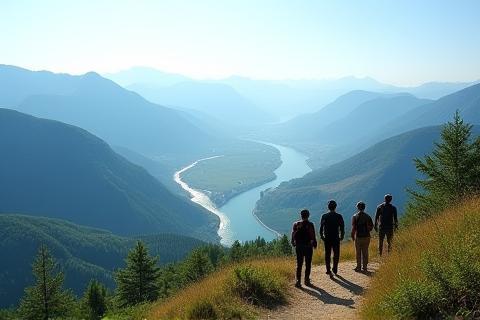 Escursionisti su un sentiero che ammirano un panorama montano